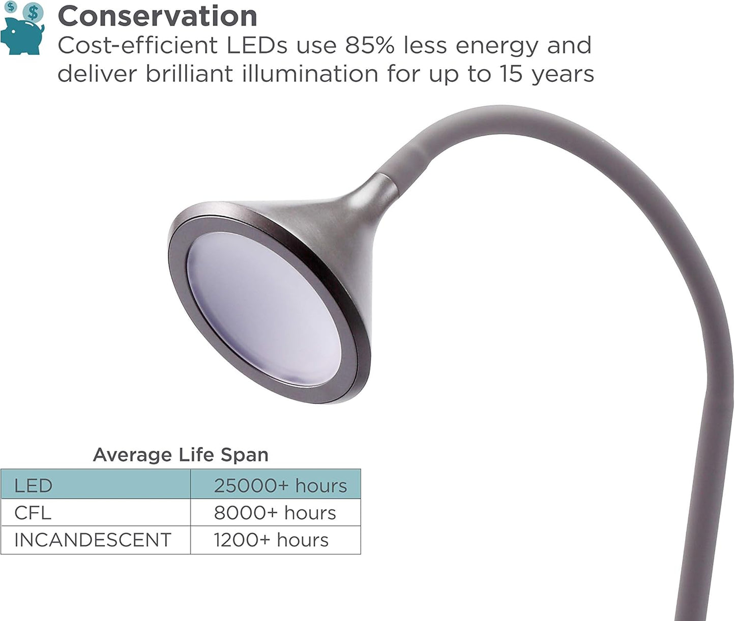 BLACK+DECKER PureOptics LED 미니멀리스트 플로어 램프, 147.3cm(58인치) 높이, 무게감 있는 베이스, 조절 가능한 구즈넥, 깜박임 방지, 친환경, 풋 스위치 그레이
