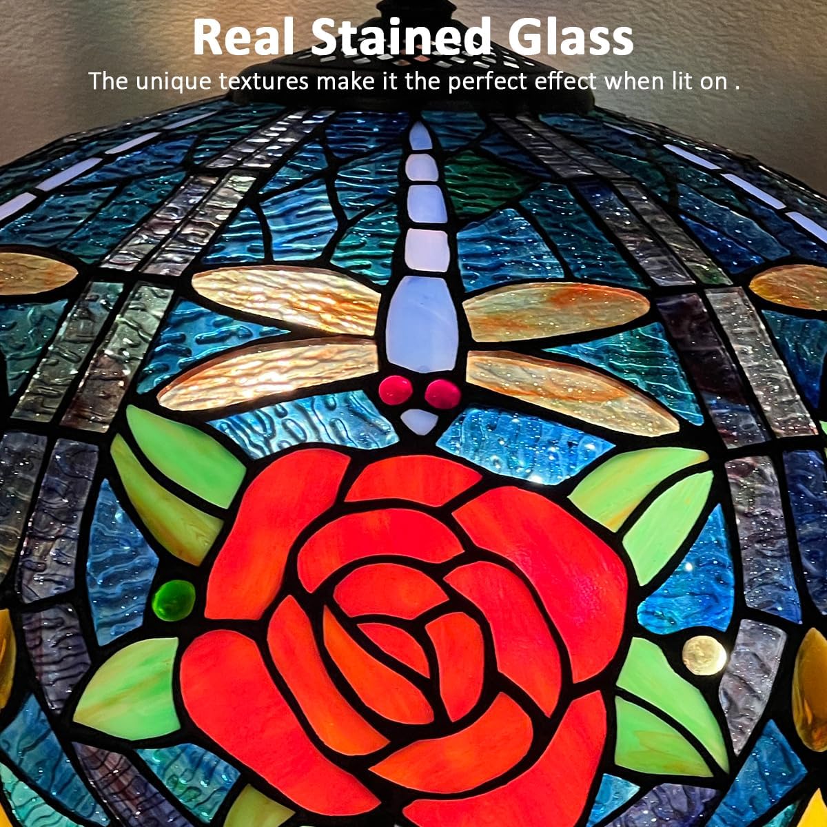Tiffany Style Table lamp, Dragonfly & Rose Stained Glass Desk Light - Antique 16” Large Nightstand Bedside Reading Light for Living Room Bedroom Office