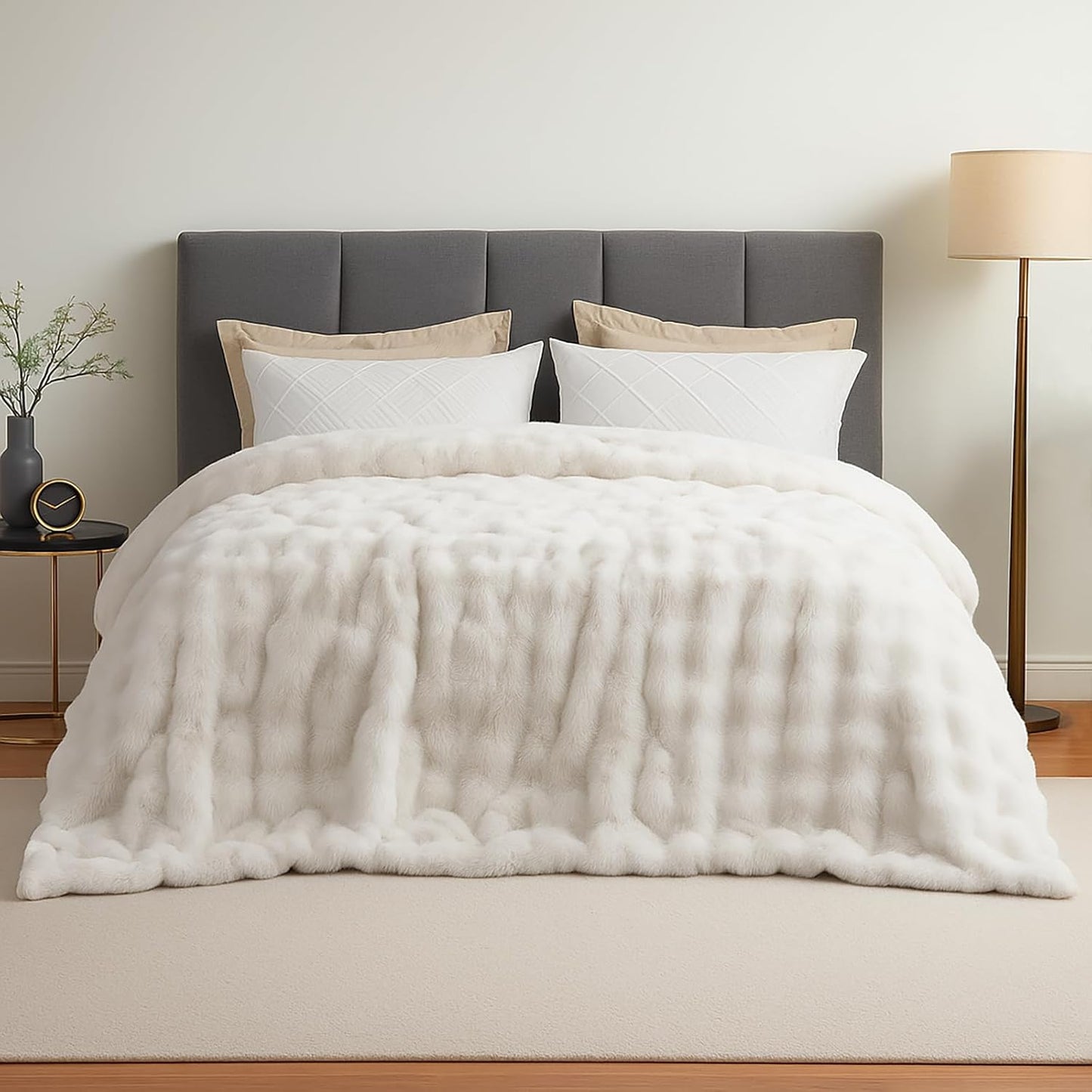 Amélie Home Faux Fur Throw Blanket for Bed, Ultra Soft Fuzzy Plush Bubble Blanket for Bedroom & Bed Decor, 108"x90", Cream White