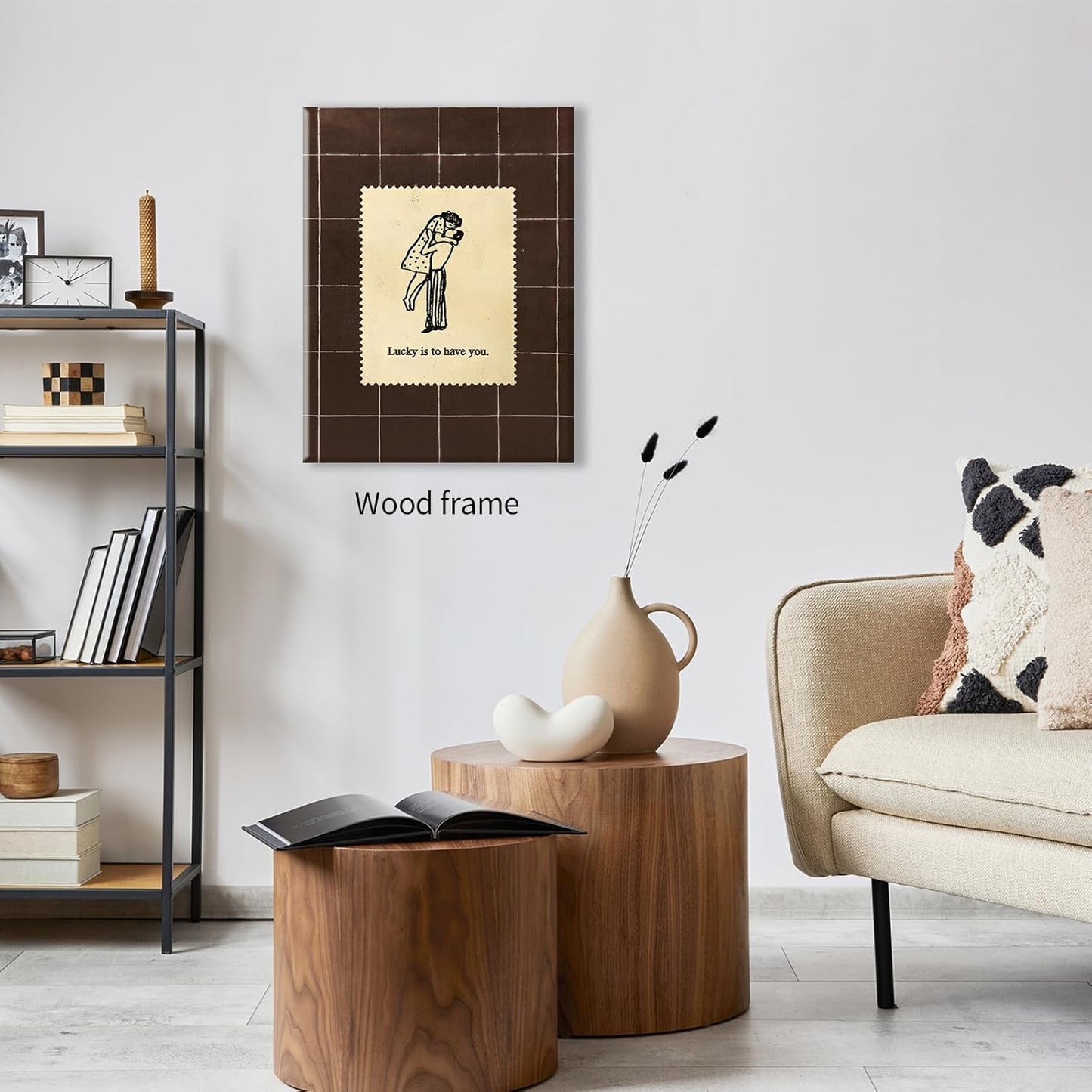 Brown Mid-Century Couples Wall Art Valentine Quotes Lucky Is to Have You Poster 08x10 inch Framed Vintage Romantic Anniversary Canvas Prints Modern Love Wall Decor for Bed Living Room