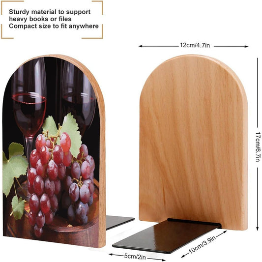Red Wine Grape Bookend for Shelves Wooden Book End Large Size Sturdy Book Holders Stoppers with Metal Base for Bookshelves Slick Decorative Bookends Stands