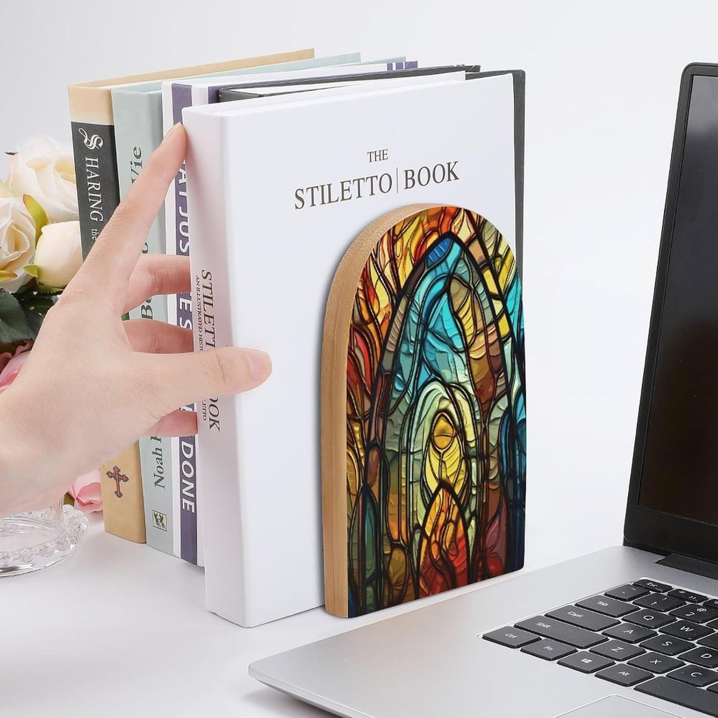 Stained Glass Art Bookend for Shelves Wooden Book End Large Size Sturdy Book Holders Stoppers with Metal Base for Bookshelves Slick Decorative Bookends Stands