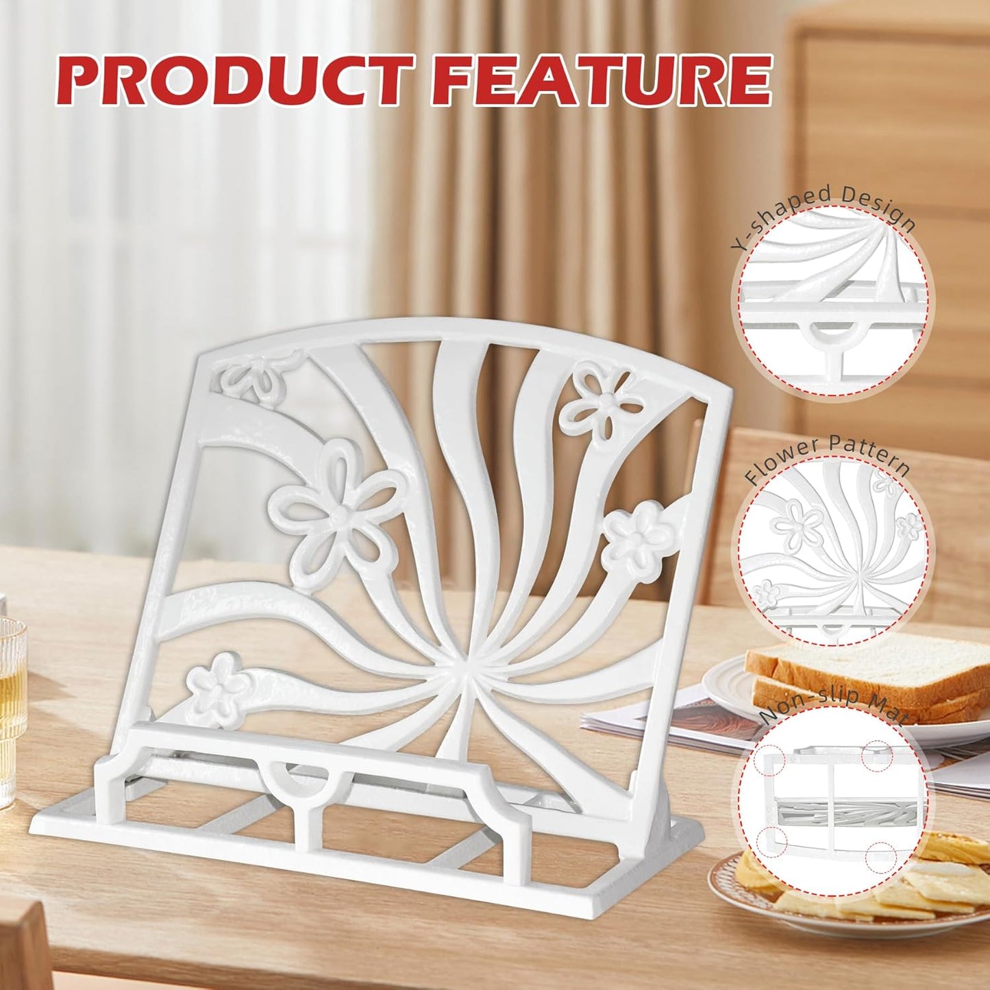 Elegant Cookbook Stand Cast Iron, Kitchen Decorative Metal Recipe Book Holder for Bible, Prayer Book Stand, Magazine, Textbooks, Vintage Cookbook Stand for Kitchen Counter, White
