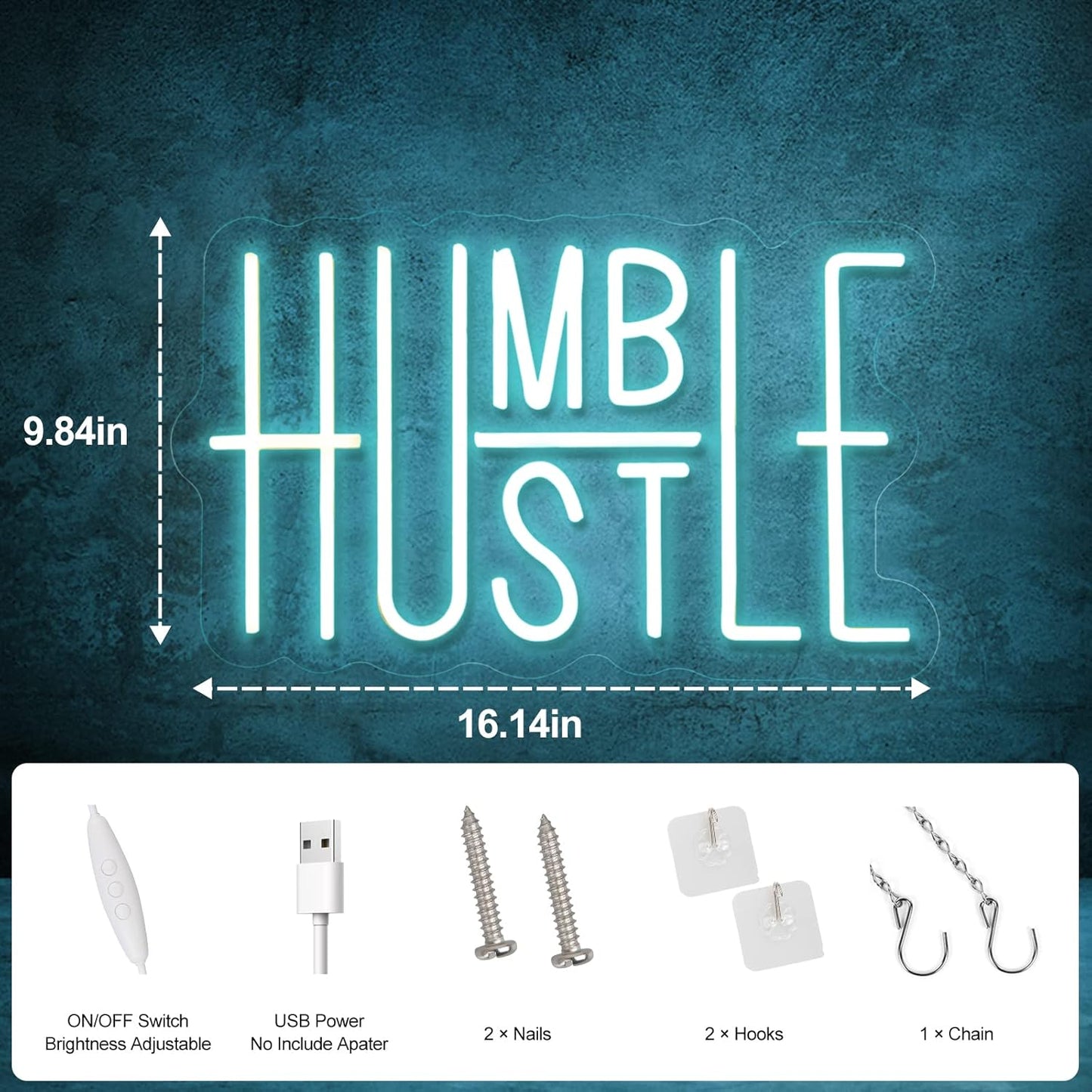Hustle Words LED Neon Lights Party Decorations, USB Powered Switch LED Neon Lights Brightness Adjustable for Office Room, Gym Room, Man Cave, Gamer Room Decor (Blue)