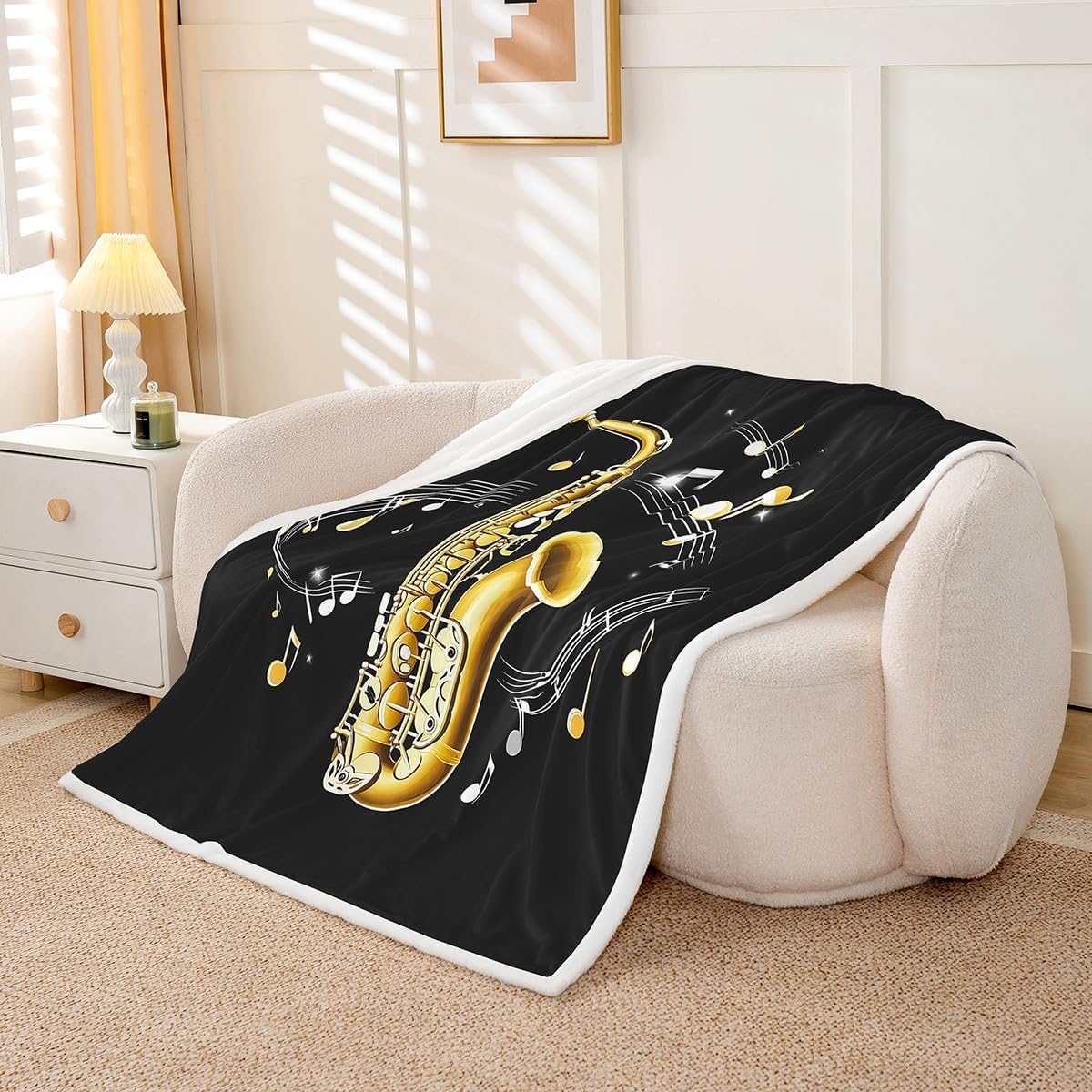 Erosebridal Saxophone Sherpa Blanket With Rotating Musical Notes - Fleece Throw for Kids, Boys, Girls - Retro Jazz Music Theme Fuzzy Decor for Sofa - Queen 90"x90" Gold Black