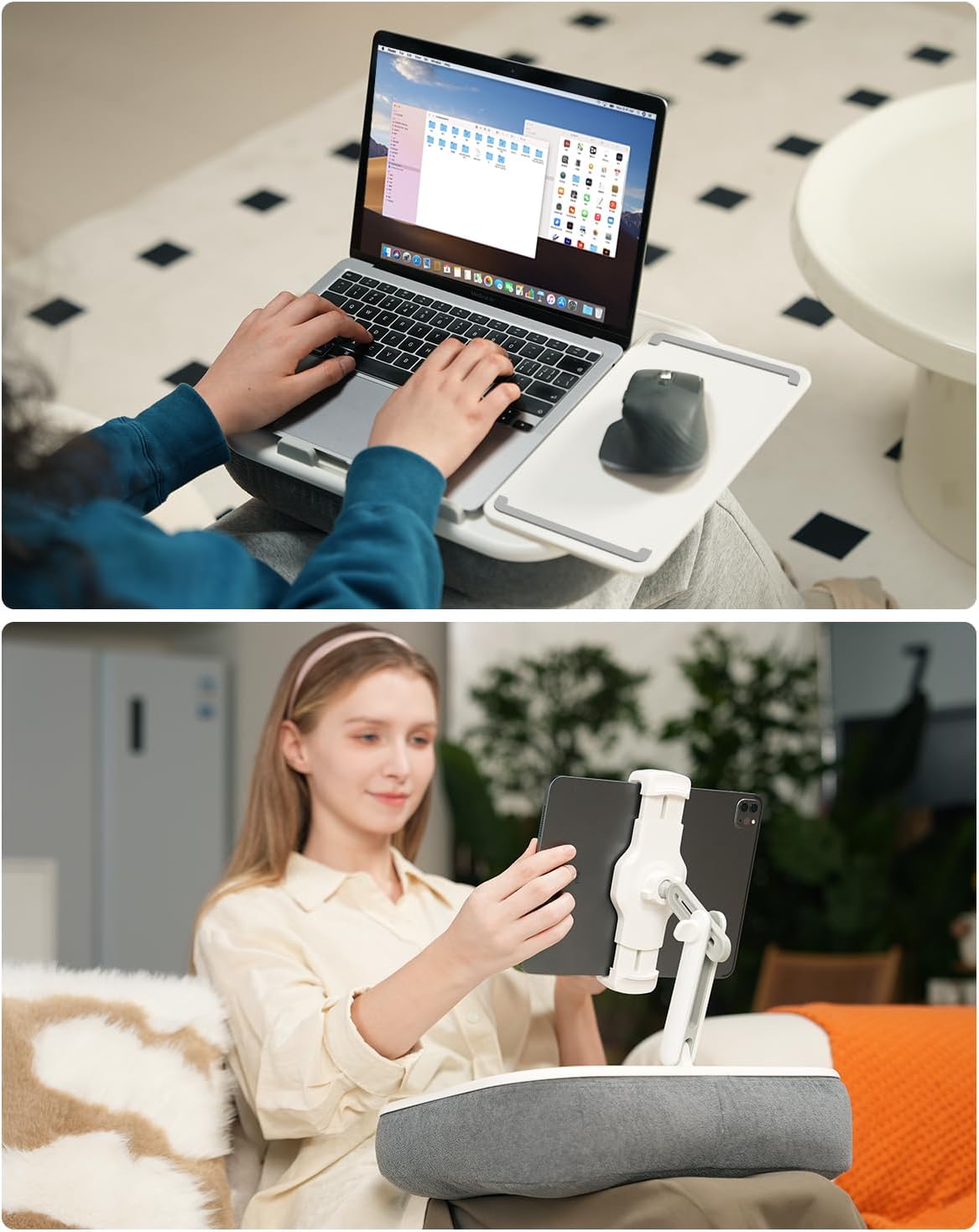 Viozon Kindle Pillow Stand Holder, Phone Holder for Bed, Laptop Lap Desk with Mouse Pad,Compatible with 4.7-13" Kindle/Tablet/Phone,10-15" Laptop, Snack Bowl&Cup Attachment&Detachable 360°Stand Arm