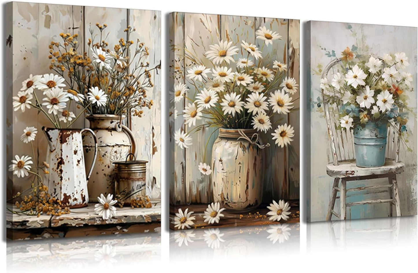 3Pcs Rustic Farmhouse Floral Canvas Wall Art Elegant White Daisy Poster Prints Vintage Country Floral Picture Wood Grain Painting Artwork Pastoral Wall Decor for Bedroom Living Room 16x24in Framed