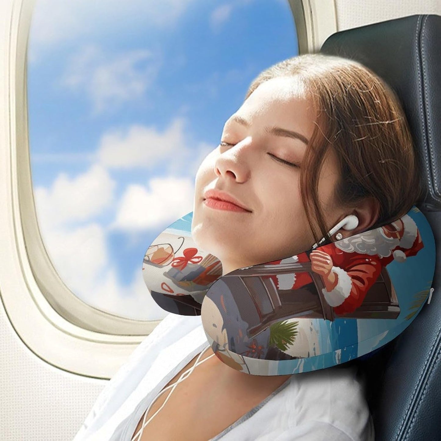 Santa Claus at Beach Neck Pillow Memory Foam U Shaped Pillows Portable Pillows for Shoulder Travel Head Support Pillow with Concealed Zipper for Airplane Car Home Office