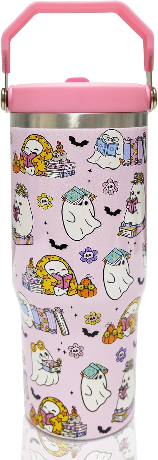 30oz Halloween Tumbler with Handle and Straw, Pink Ghost Insulated Tumbler, Leak Proof Travel Coffee Mug, Reusable Stainless Steel Ghost Tumbler, Halloween Gifts for Women (pink white)