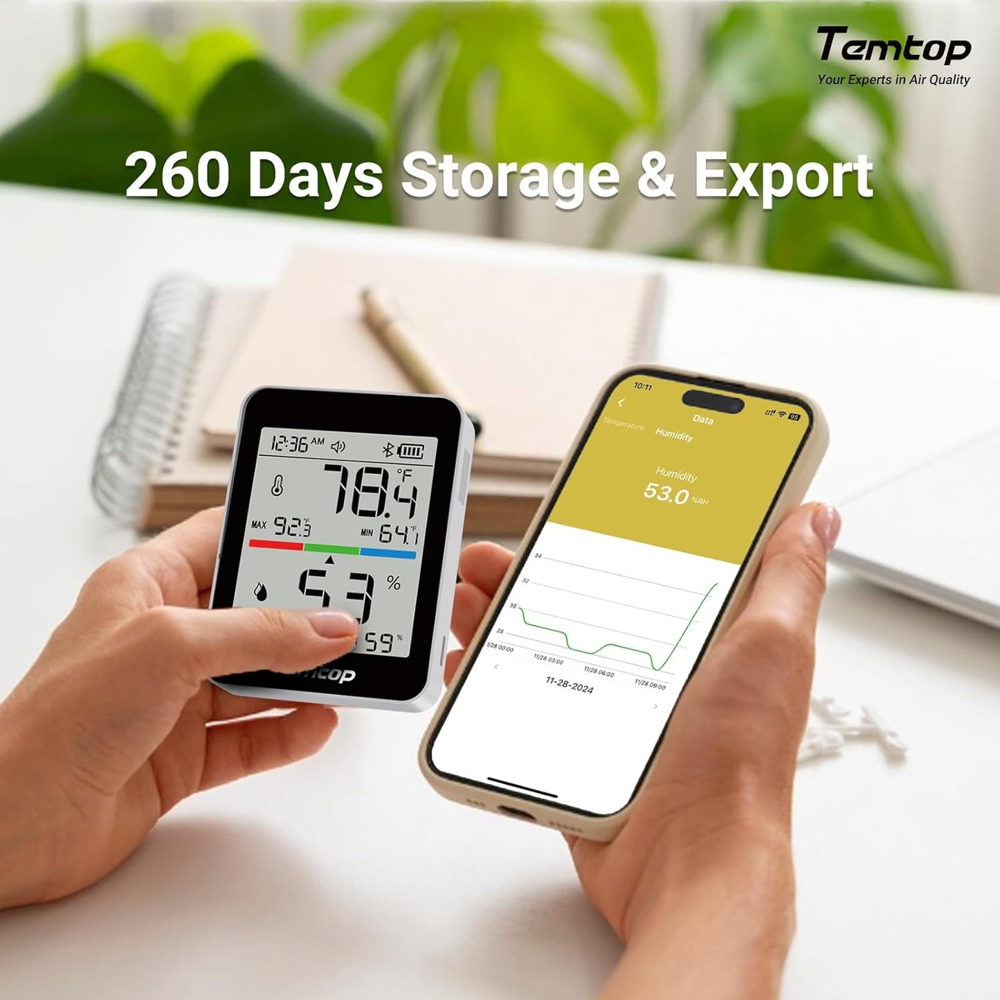 Temtop Humidity Meter T1, Indoor Thermometer for Room Temperature, Bluetooth Hygrometer with Notification Alerts, Data Export, Digital Gauge for Home, Office, Greenhouse, Garage, Baby Nursery, Gift
