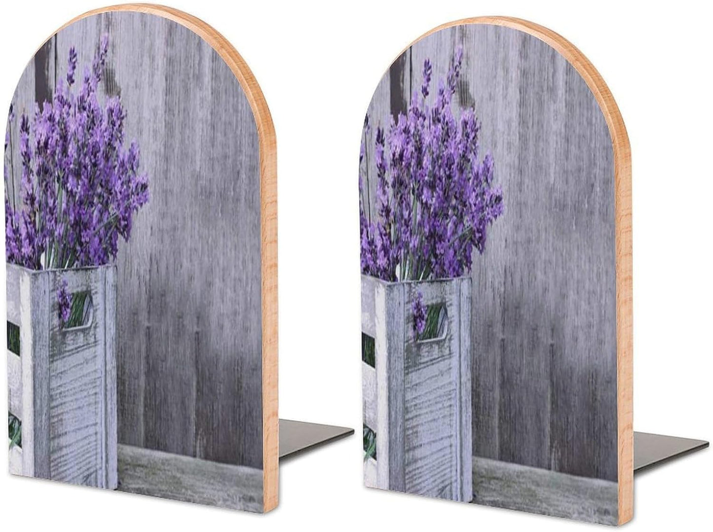 Purple Lavender Flower Wooden Bookend Non-Slip Book Ends Heavy Duty Book Stopper with Metal Base Books Holderd Decorative Bookends Stands Firmly for Office Supplies