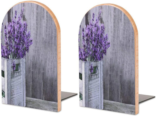 Purple Lavender Flower Wooden Bookend Non-Slip Book Ends Heavy Duty Book Stopper with Metal Base Books Holderd Decorative Bookends Stands Firmly for Office Supplies