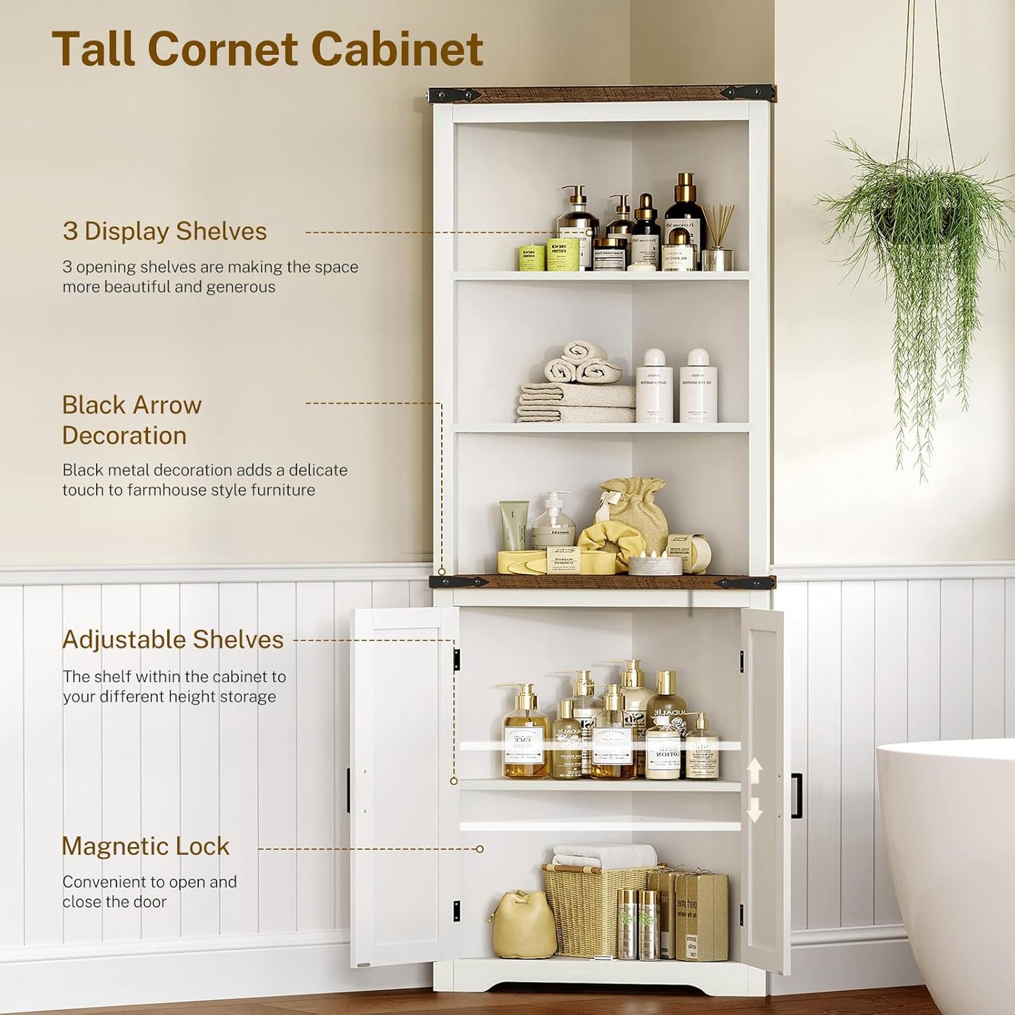 TEENFON Farmhouse Corner Cabinet, 70" H Tall Corner Hutch with 5 Shelves & 2 Barn Doors, Bathroom Cabinet with Adjustable Shelf, for Living Room, Kitchen, Bathroom, White