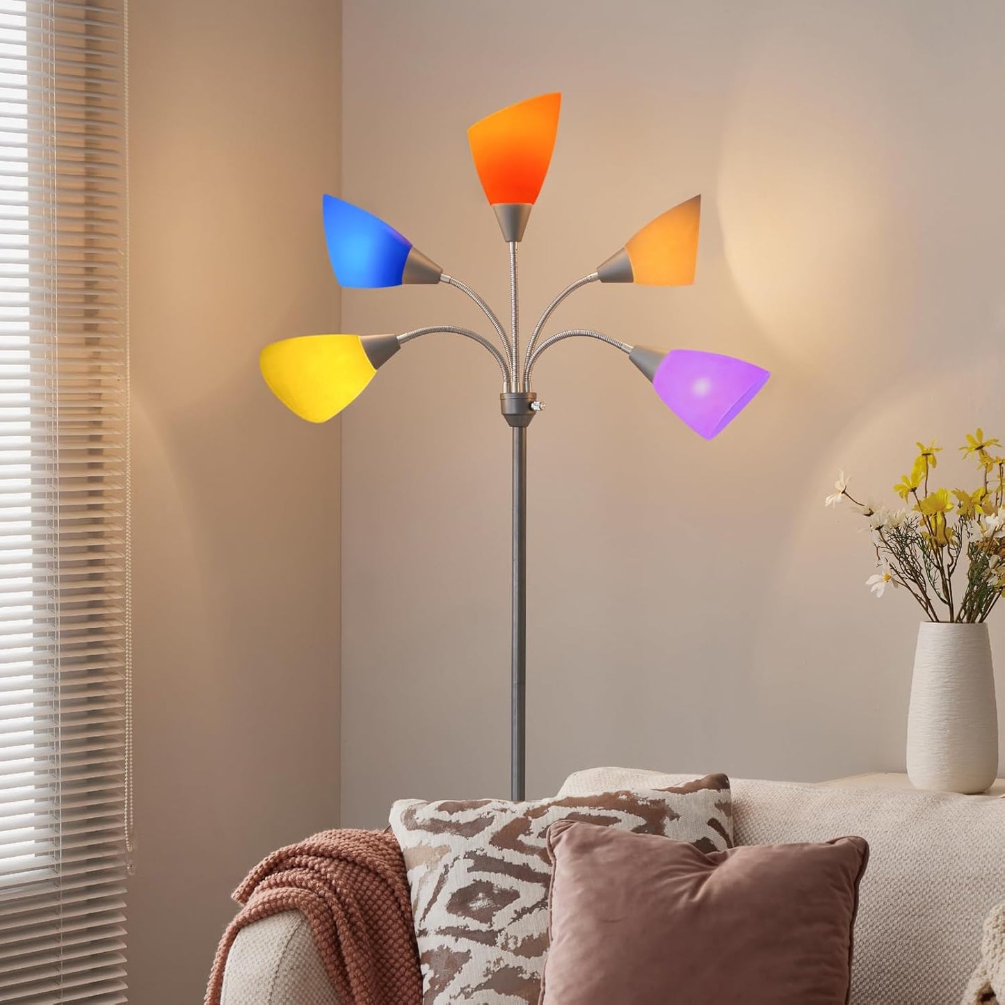 Medusa Floor Lamp, Multi Head 5 Light Floor Lamps for Living Room with 10 Lampshade, Adjustable Neck Reading Standing Lamp for Bedroom,Office,Kids,Classroom (Sliver)