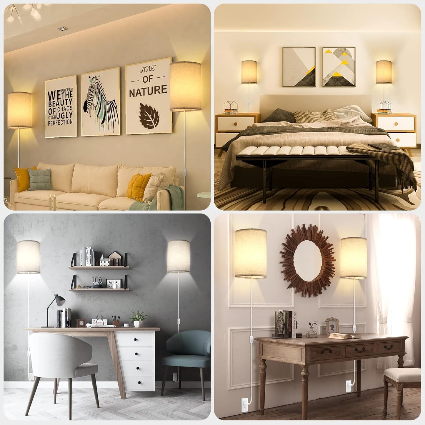 Plug in Wall Sconce, 3 Color Wall Sconces Set of Two, Industrial Lamp with Plug in Cord, Rustic Wall Sconce Fixture, On/Off Switch Vintage Wall Light Fixture for Headboard Bedroom Porch (Beige)