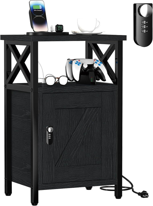 Wooden Nightstand with Charging Station, Bed Side Table with Drawers, Bedside Table with Lock, 3 USB & 2 Outlets, Night Stand with Cabinet Storage, End Table for Bedroom, Black