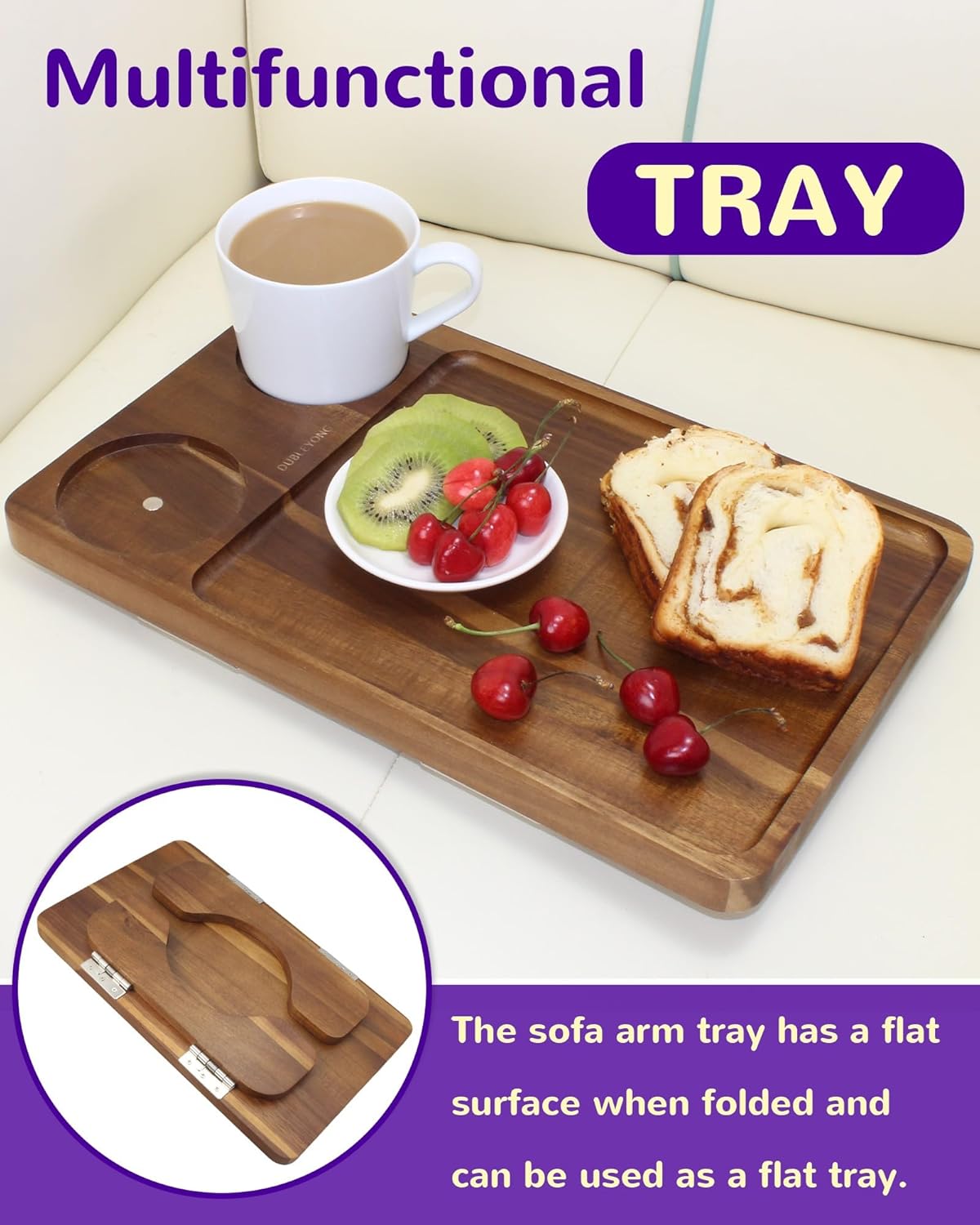 Couch Armrest Table with Oversized Cup Holder & Dual-Tower Phone Stand 3-in-1 Sofa Arm Tray, Acacia Wood Couch Arm Table with 360° Rotating Holders, Foldable Couch Cup Holder Tray for Drinks & Snacks