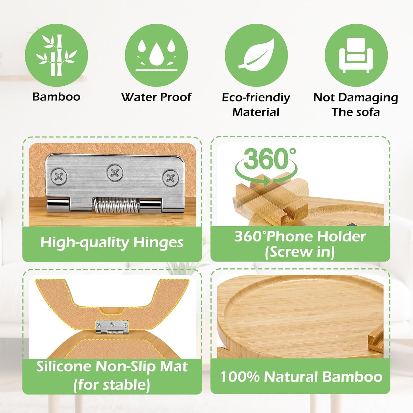 SINWANT Couch Arm Table,Large Bamboo Sofa Clip on Tray Tables with 360° Phone Holder,Foldable Couch Armrest Table, Folding Snack Eating Drink on Armrest
