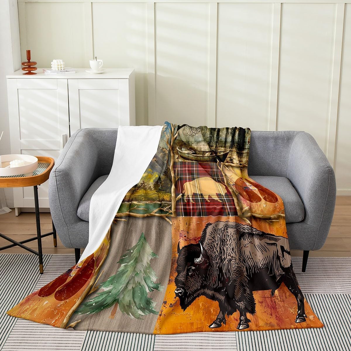 Feelyou Buffalo Fuzzy Blanket Throw 50"x60" Wild American Bison Flannel Fleece Throw Blanket for Sofa Couch 3D Wild Animal Rustic Lodge Cabin Farmhouse All Season Bed Blanket Plaid Plush Blanket