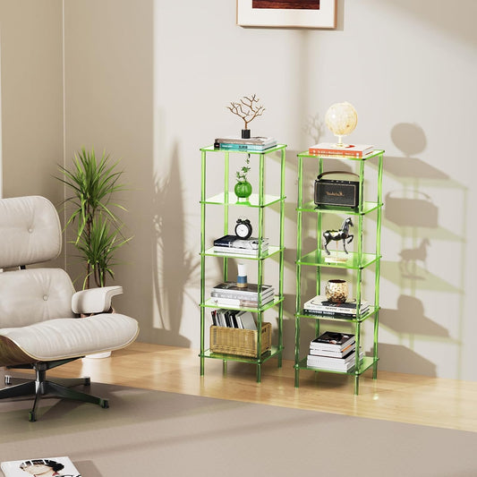 Acrylic Bookshelf, Small Bookcase, Standing Freestanding Corner Storage Shelves Display Shelf for Living Room, Bedroom (Green, 5 Tier)