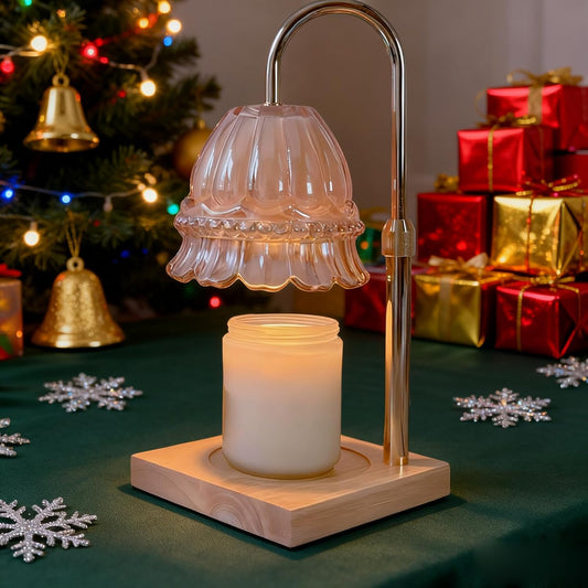 Glass Flower Lampshape Candle Warmer Lamp with Adjustable Height, Wax Burner Lamp with Timer and Dimmer, Wooden Base Candle Warmer, Women's Gifts (Amber)