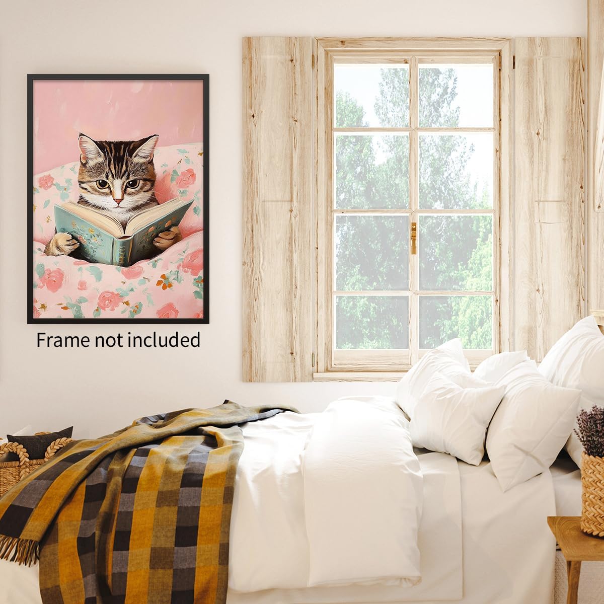 Funny Tabby Cat Reading Books Canvas Wall Art Pink Girly Room Posters Cute Animal Kids Prints Vintage Cat Lovers Wall Decor For Teen Bedroom Dorm Living Study Room 12x16in Unframed