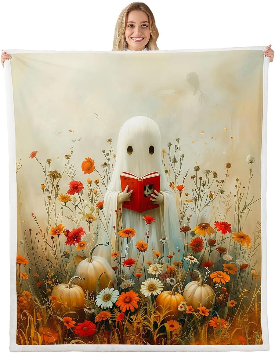 Manfei Reading Ghost Throw Blanket Autumn Pumpkins Flower Fleece Blanket Cute Halloween Theme Cozy Throws for Bed Couch Sofa,Kids Boys Girls Room Decor,Soft and Breathable(60 x 80 Inches)