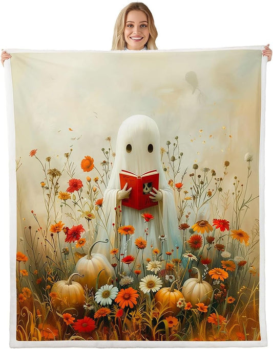 Manfei Reading Ghost Throw Blanket Autumn Pumpkins Flower Fleece Blanket Cute Halloween Theme Cozy Throws for Bed Couch Sofa,Kids Boys Girls Room Decor,Soft and Breathable(60 x 80 Inches)