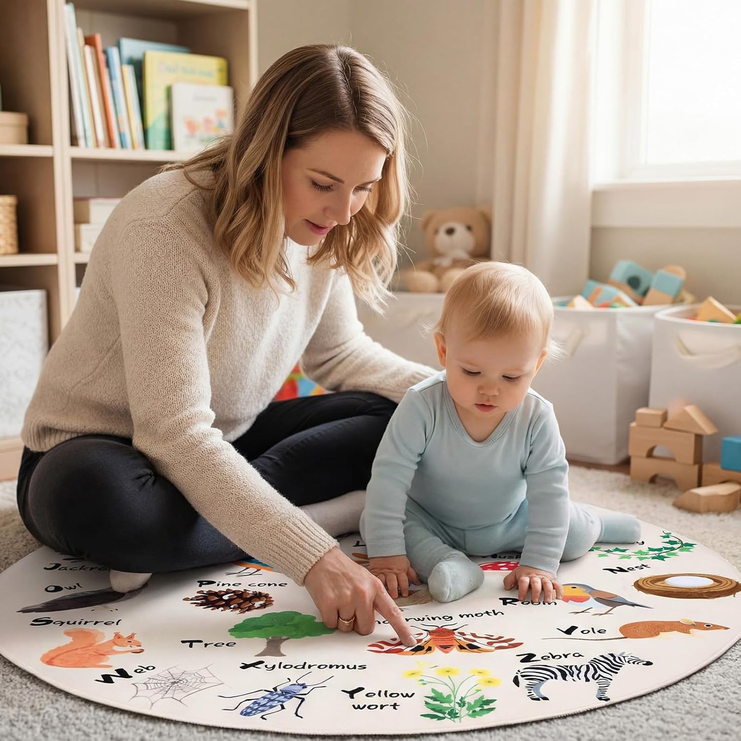Capoda Alphabet Round Rug for Playroom Learning Alphabet Mat Woodland Animal Carpet Education Crawling Rug for Nursery Toddler Kids Bedroom Reading Corner Decor Supplies, 40 Inch