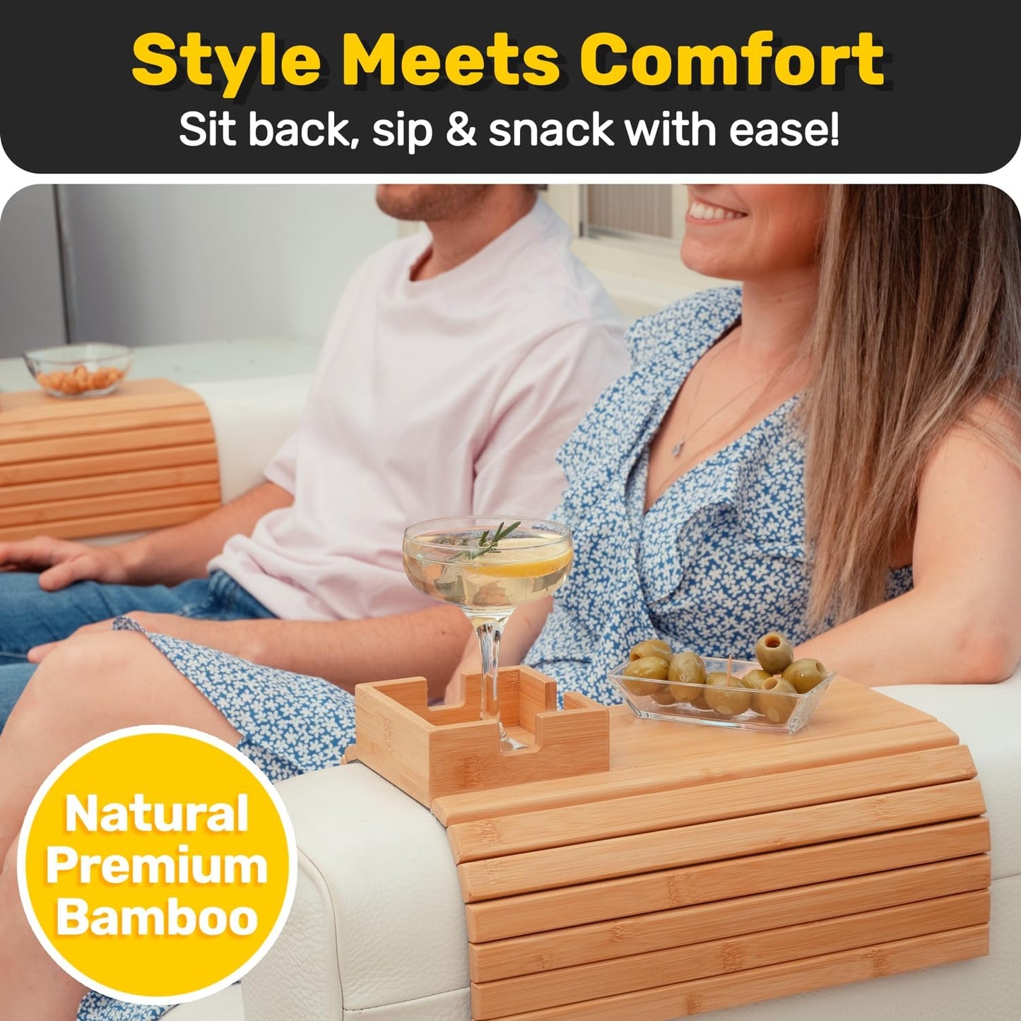 Bamboo Couch Cup Holder, Couch Arm Table & Couch Armrest Tray with Couch Cup Holder Tray Table for Couch, or Loveseat