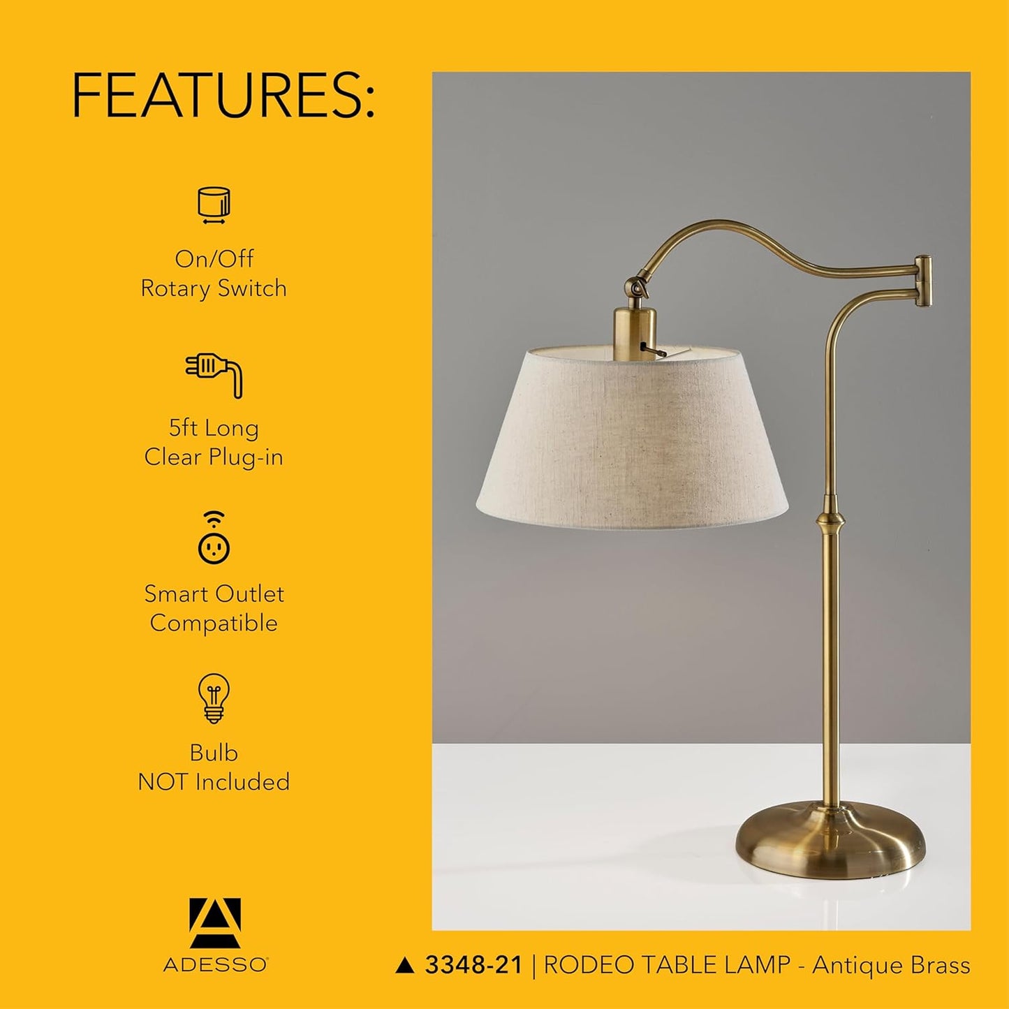 Adesso Antique Brass Table Lamp with Cream Fabric Shade - 180 Degree Adjustable Arm, Versatile Bedside Table, Living Room, or Desk Lamp, 27” Tall