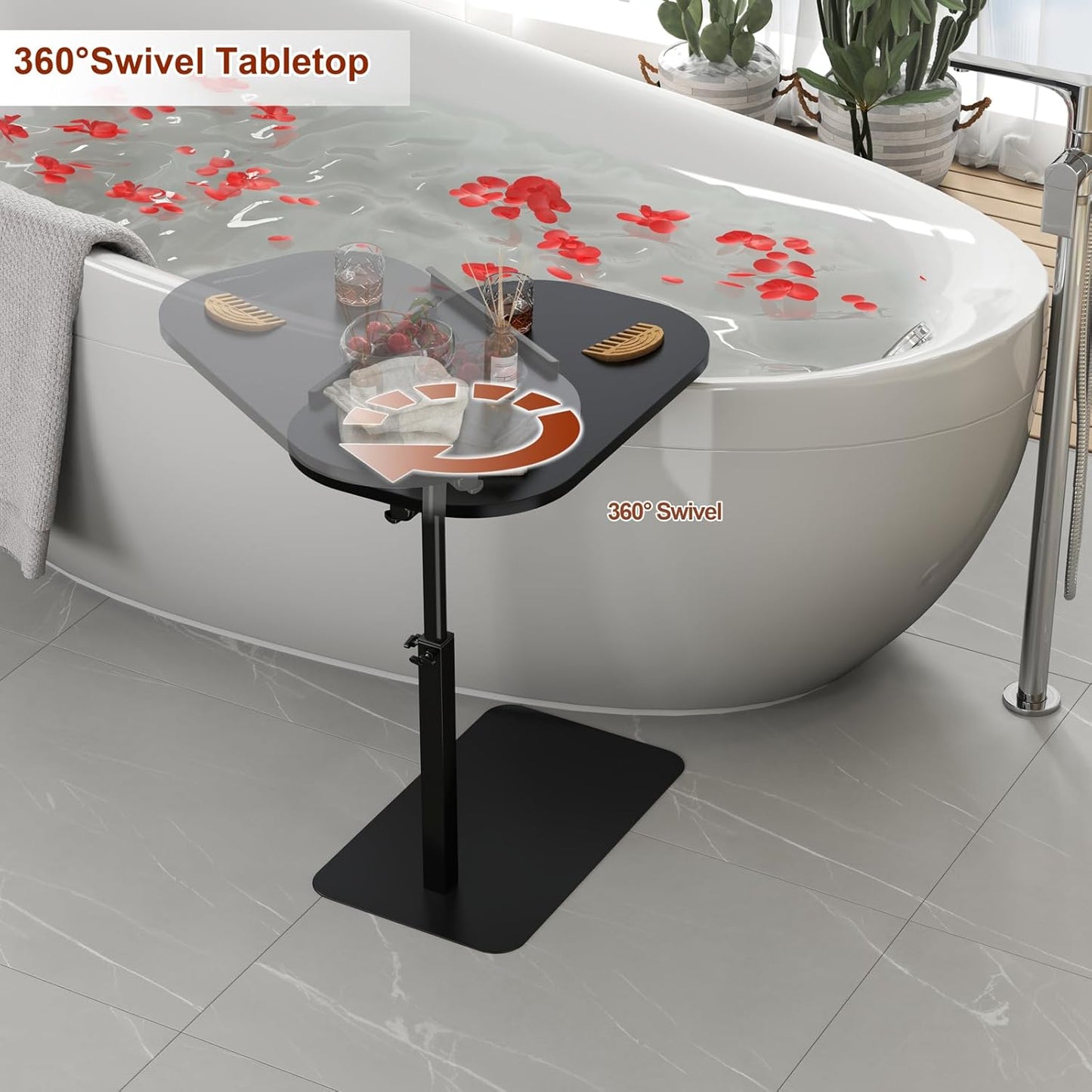 Solid Wood C Shaped Side Table for Sofa/Bed, Adjustable Height C Shaped End Table Metal Base, 360°Swivel/Flip Top Couch Tables That Slide Under, Small Spaces Laptop Stand Coffee Table (Black)