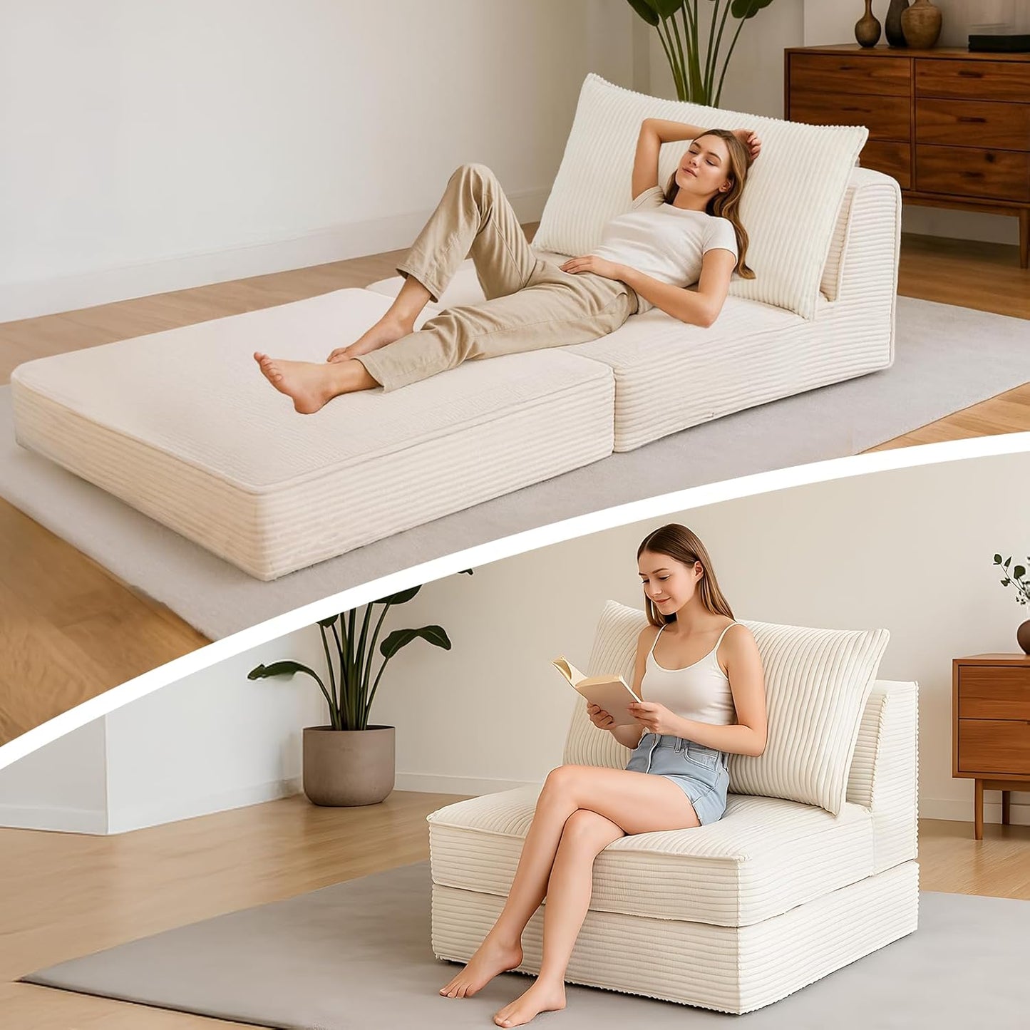 Folding Sofa Bed, Convertible Sleeper Chair with Pillow,Corduroy Comfy Floor Futon for Living Room Bedroom,No Assembly Required,Beige