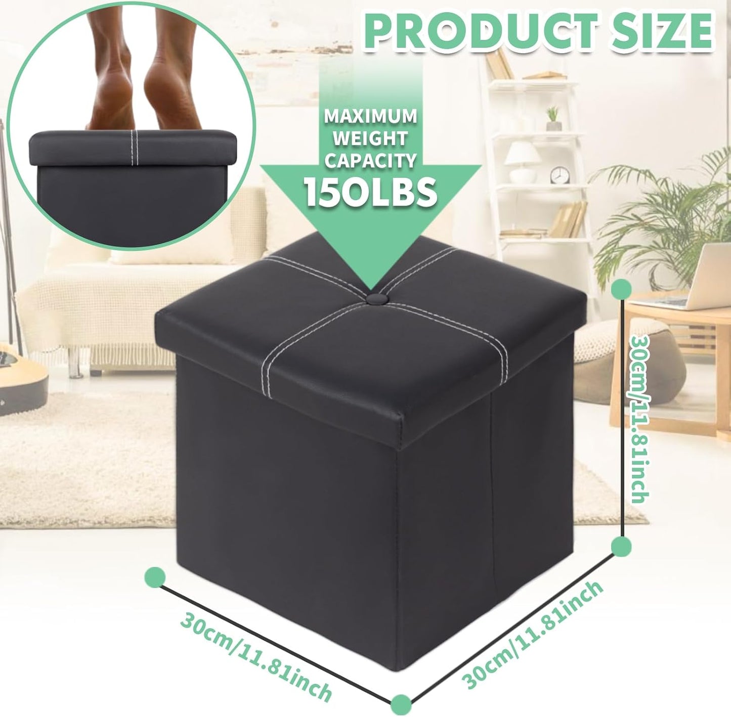 ShellKingdom Small Folding Storage Ottoman Cube, Faux Leather Storage Footrest Bench, Foot Rest Stool for Home, Living Room, Bedroom, Dorm, 11.8 x 11.8 x 11.8 inches (Black)