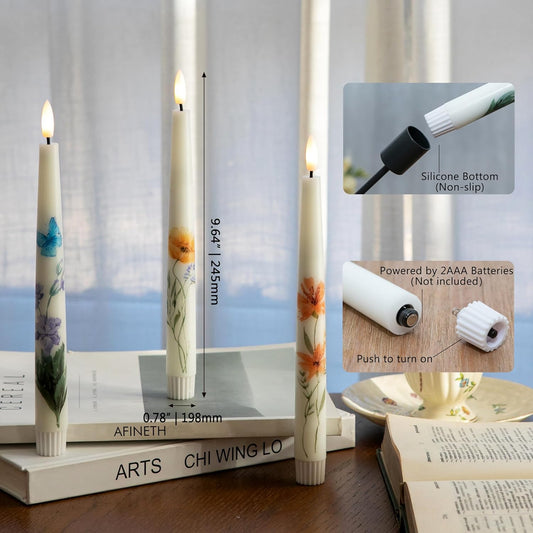 Spring Flameless Taper Candles with Flowers, 9.6" Real Wax LED Candles with Remote, 3 Pack Flickering Candlesticks Battery Operated, Fake Candle for Home, Wedding, Party Decor