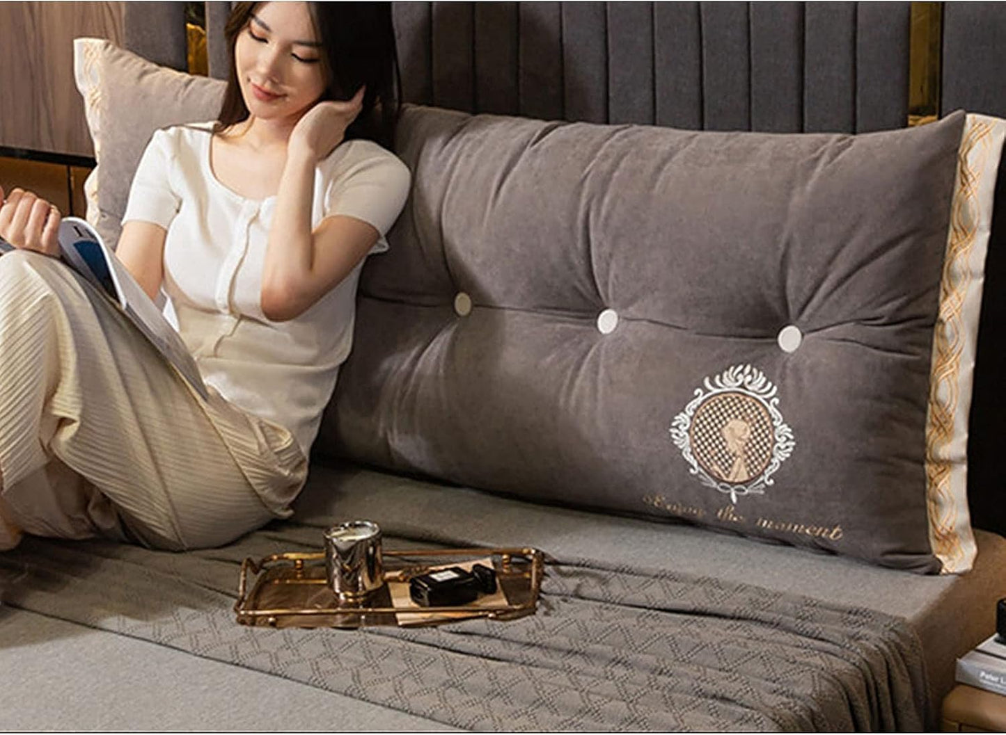 Positioning Support Headboard Pillow, Large Bed Bolster Rectangular Lumbar Cushion for Rest Reading, for Day Bed & Bunk Bed with Removable Cover (Color : Gray, Size : 200 * 60CM)