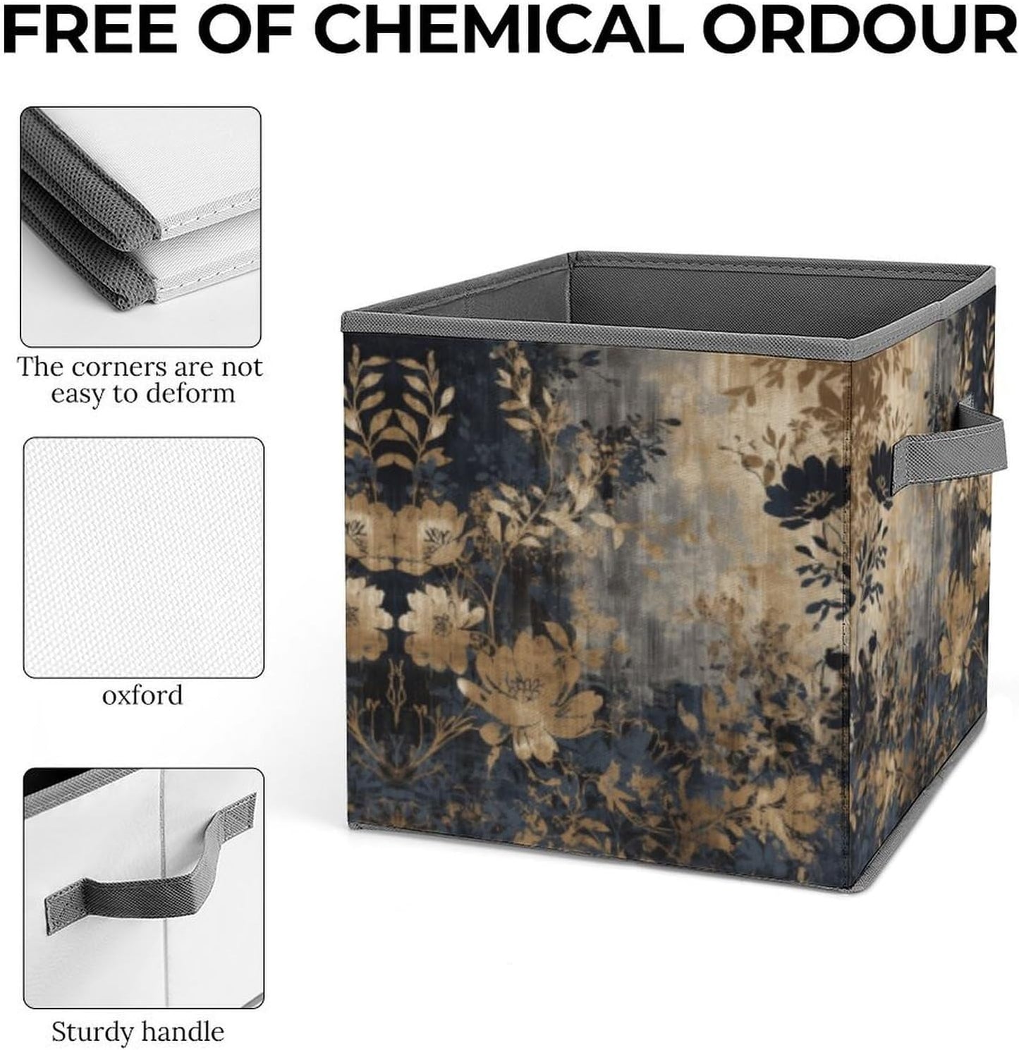 Gold And Black Flowers Storage Bins with Handles Fashion Large Storage Cubes Sturdy Foldable Storage Boxes Space-Saving Storage Baskets for Home Office Clothes Closet Organizers