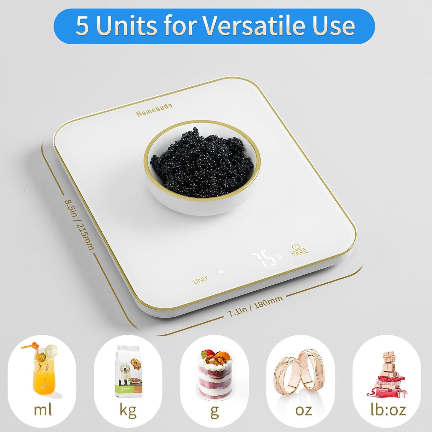 Homebuds 33lb Digital Food Scale Grams and Ounces in 1g, High Precision Assured by Kitchen Scale Professional Factory Since 2001, Gram Scale for Cooking and Baking, LED, 3*AAA, White by Golden Line