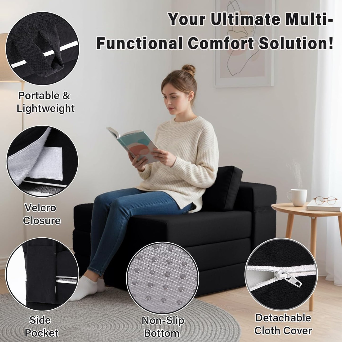 Tiita Folding Sofa Bed-Convertible Sleeper Chair with Storage Bag, Tri Foldable Mattress with Pillow, Portable Fold Out Chair Bed Floor Sofa for Living Room/Dorm/Guest Use/Travel, Single Size, Black