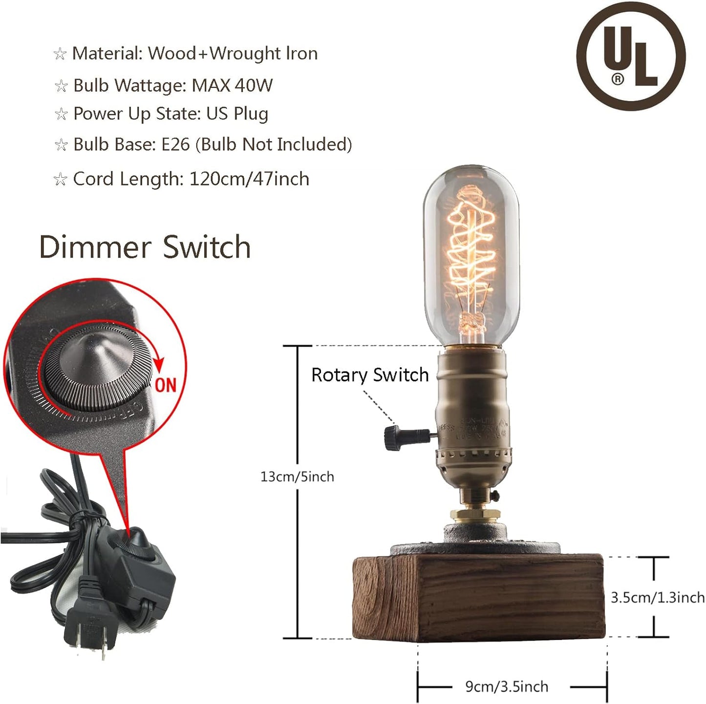 OuXean Vintage Table Lamp, Industrial Dimmable Nightlight Steampunk Desk Lamp with E26 Lamp Holder for Bedroom Living Room Home Art Display Cafe Bar Studio Antique Decor(Without Bulb)