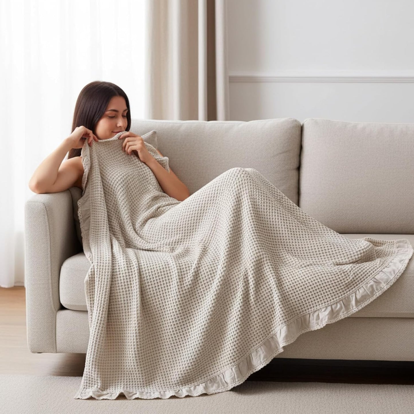 Tegeme Waffle Weave Blanket 43" x 63" 100% Cotton Neutral Boho Farmhouse Woven Knitted Beige Throw with Ruffles Warm Soft Cozy Throw Blanket Decorative Breathable for Couch Bed Sofa