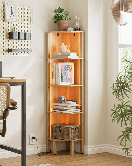 Corner Shelf Stand, 5 Tier Corner Bookshelf with Light,Corner Furniture for Bedroom Display Corner Shelf for Small Space,Wood Shelves with Storage Rack for Living Room,Office,Oak