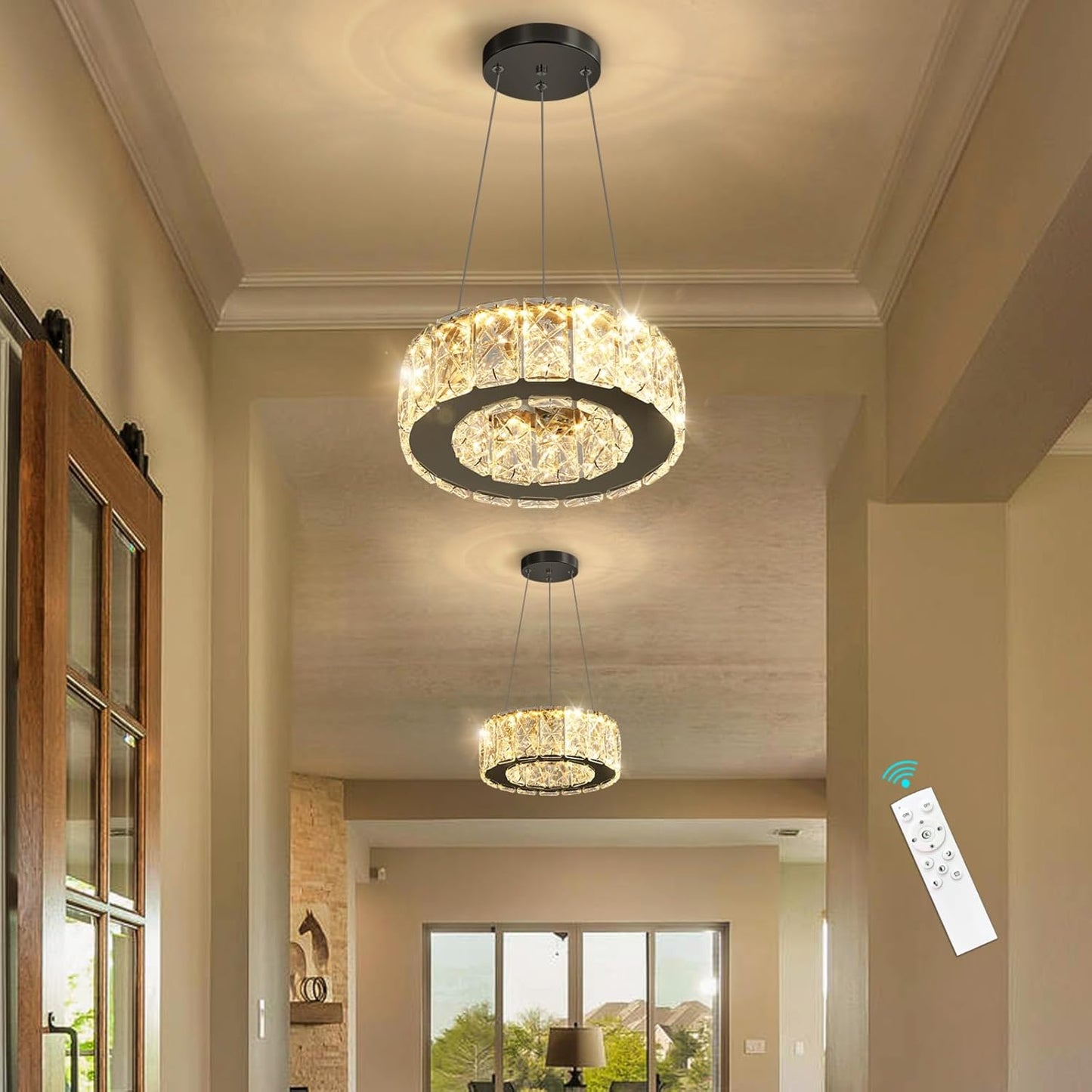 Modern Crystal Chandelier 8W Dimmable LED Crystal Pendant Light Fixtures Height Adjustable Round Chandeliers for Dining Room Hallway Bedroom Black