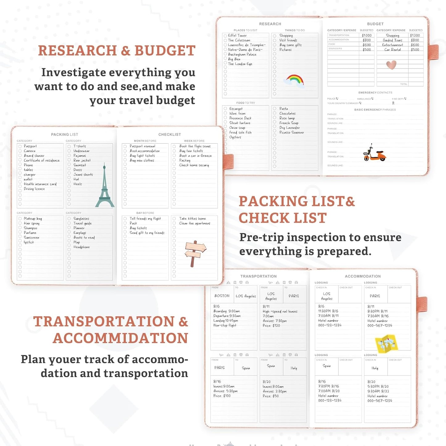 Travel Journal for Women & Men - Budget Travel Planner Notebook for 6 Trips Organizer- Travel Scrapbook to Record Memories and Adventures - Gifts for People Who Travel, Pink