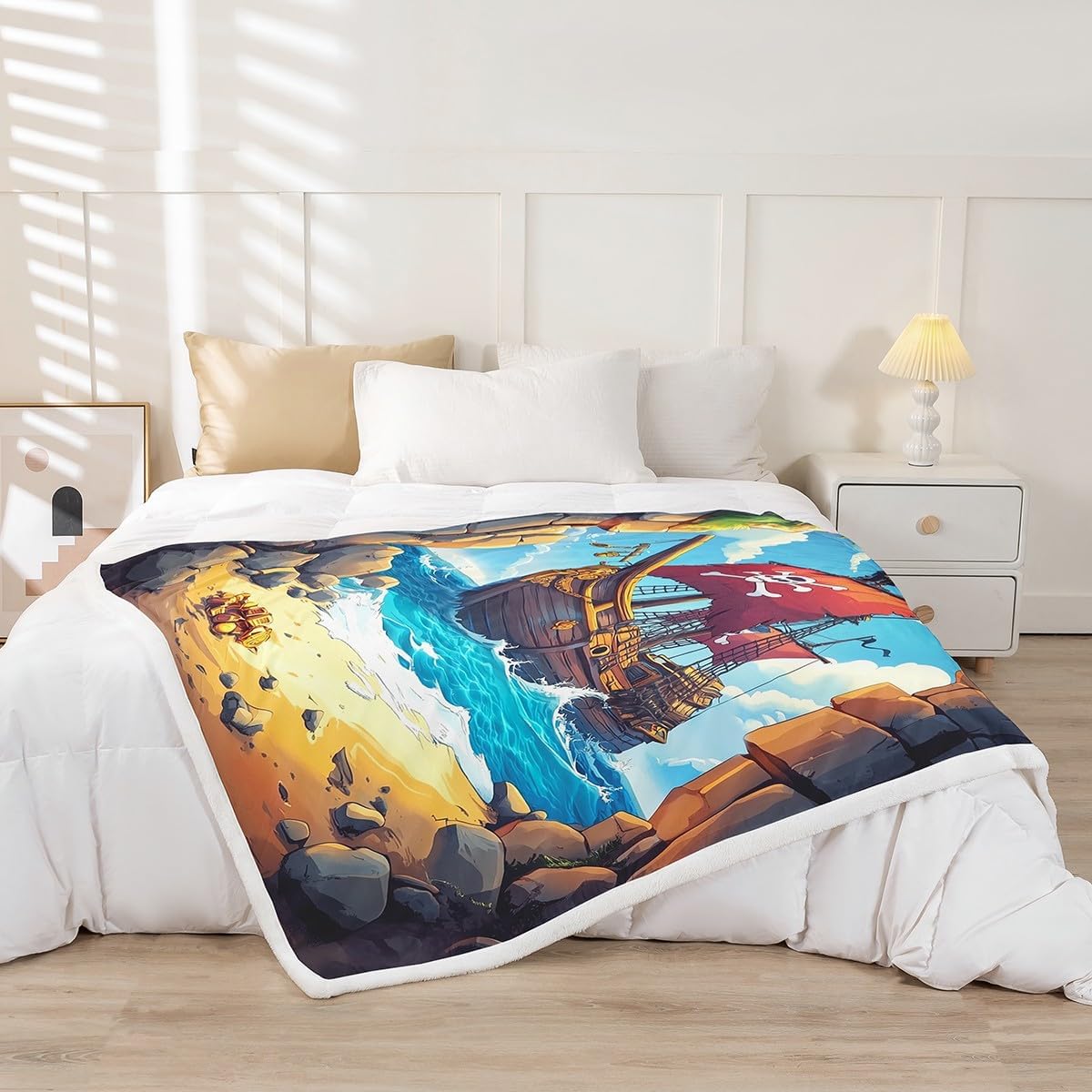 Castle Fairy Pirate Boat Blanket Navigation Treasure Adventure Throw Blanket for Kids Gothic Sugar Skull Sherpa Blanket Warm Lightweight Nautical Throw 50x60 Inch Living Room Decor Blanket