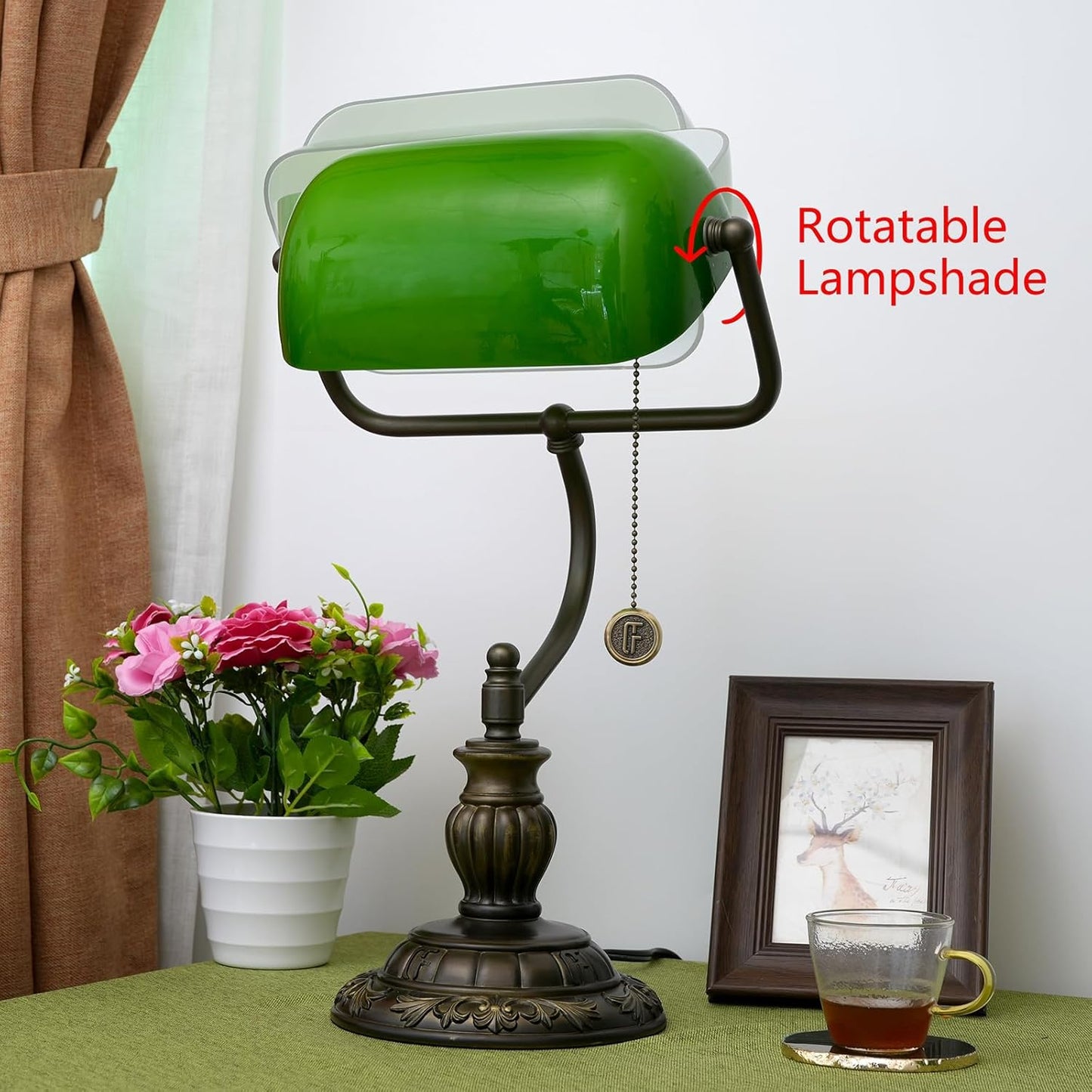 Green Bankers Lamp Vintage Glass Banker's Desk Lamps with Bedroom Bedside Study Zipper Pull Chain Switch LED library Reading Desk Light Retro Office Adjustable Nightstand Aesthetic Antique Table lamp