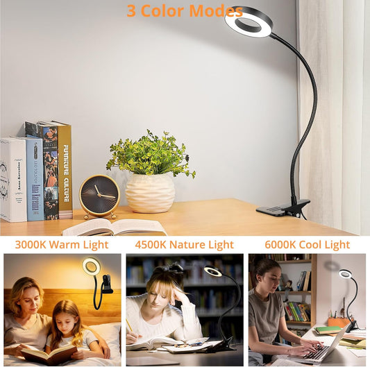 Desk Lamp Clip Light, 10 Dimmable Brightness 3 Light Modes Reading Light, Clamp Bedside Lamp for Painting, Craft, Study (Black)