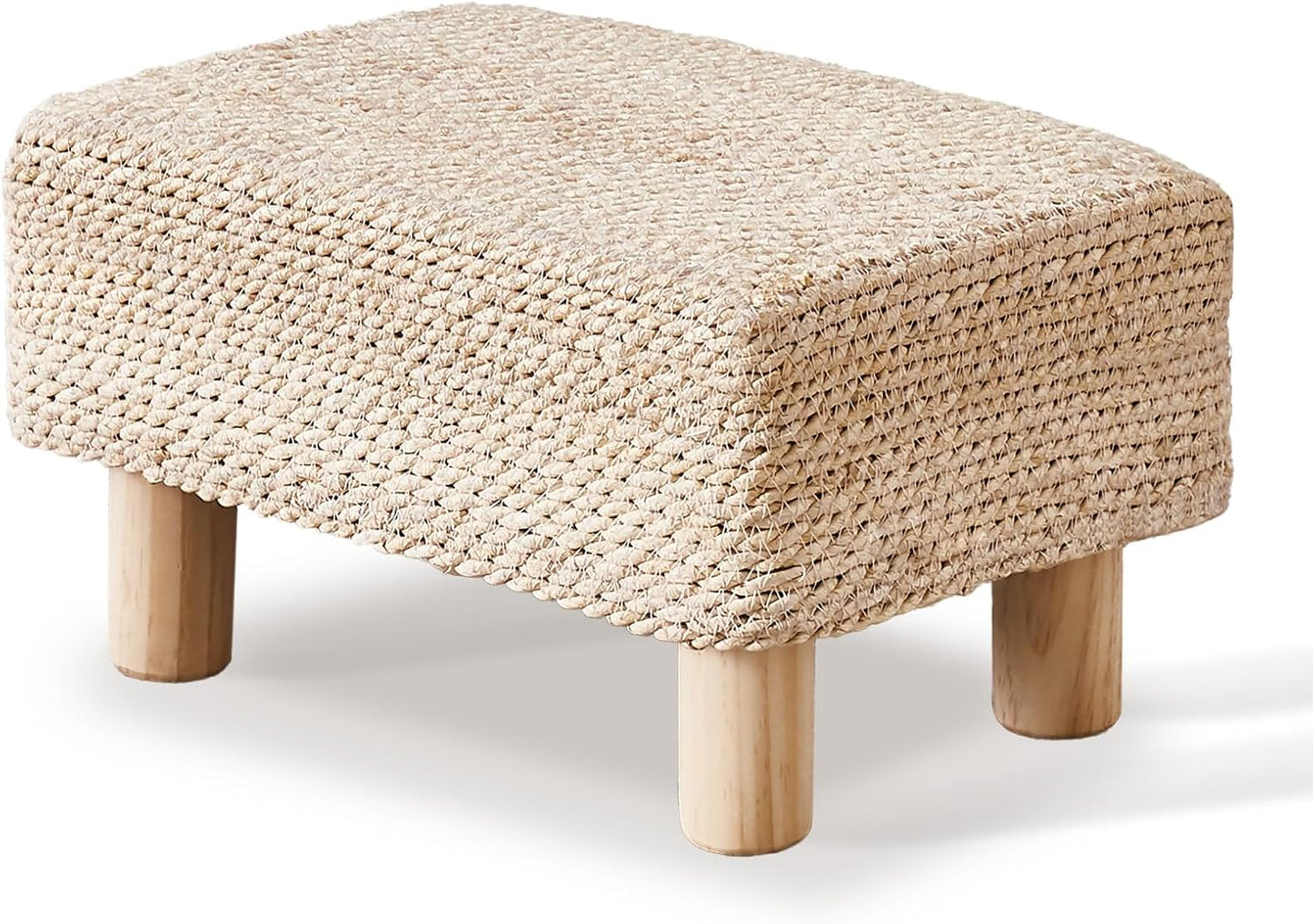 Wimarsbon Natural Seagrass Footstool Ottoman Rectangular Footrest Pouf Ottomans with Wooden Legs Hand Weave Step Stool for Living Room Bedroom Entryway Natural White