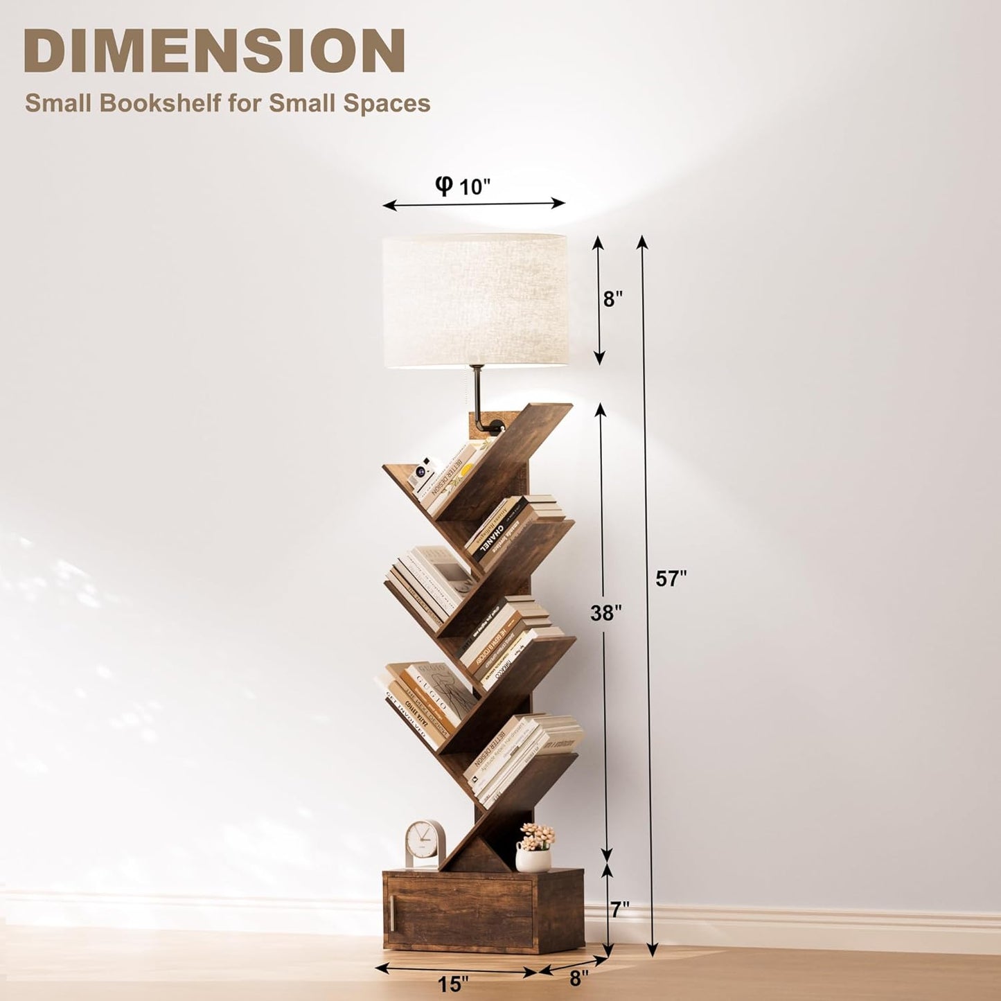 Tree Bookshelf with Light, 6 Tier Narrow Bookcase with Storage Cabinet, Tall Corner Book Shelf for Small Spaces, Vertical Floor Standing Organizer for Bedroom Living Room Home Office, Rustic Brown