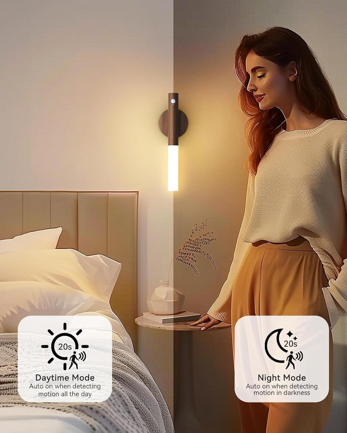 Battery-Operated Motion Sensor Night Lights: 2200mAh Rechargeable Wall Sconces Magnetic Wall Lights Wireless Stairway Lights Portable Hallway Light Wooden Wall Lighting for Bedroom Stair Picture